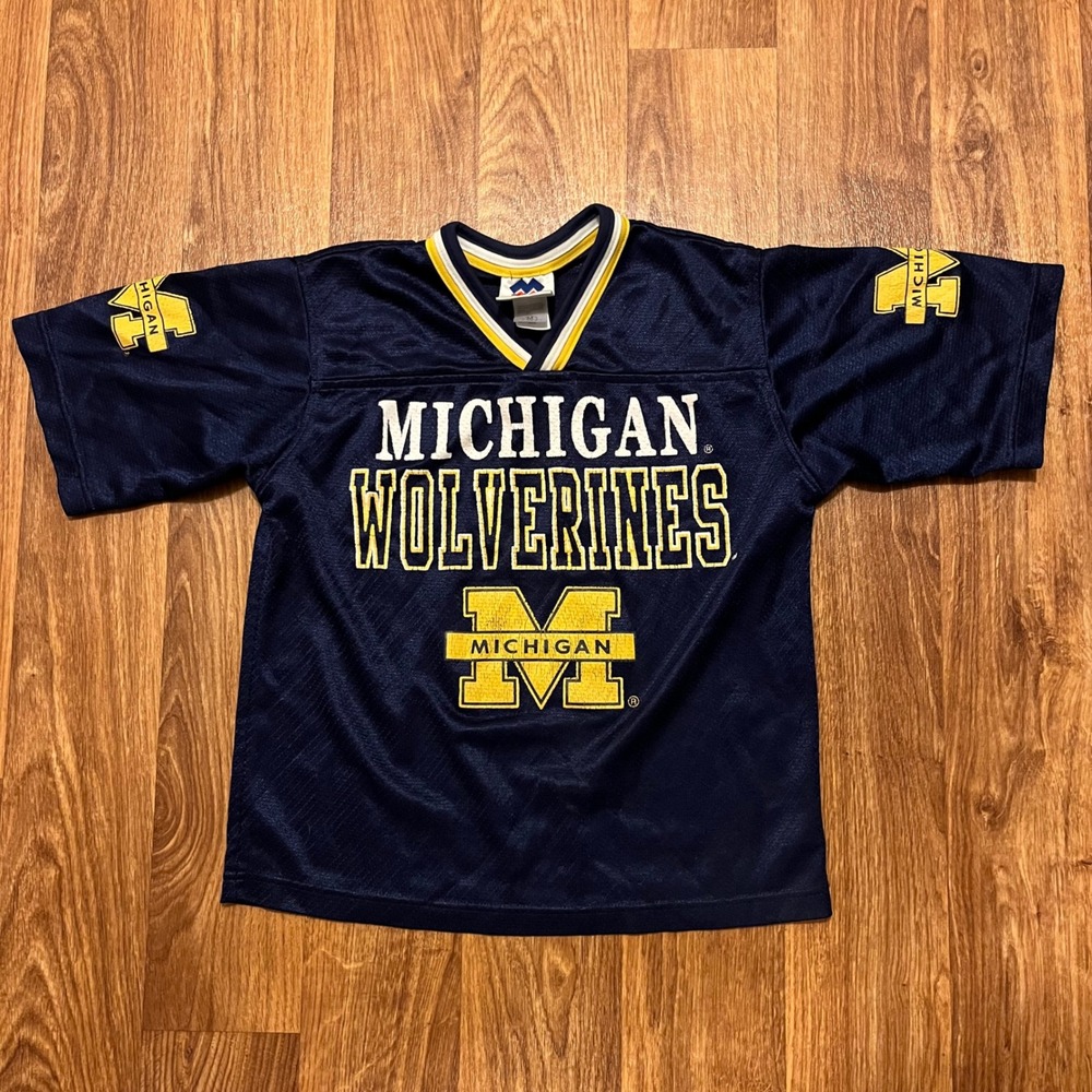 Vintage Michigan Wolverines Football Jersey Kids M 10-12 Navy Mesh V Neck Logo